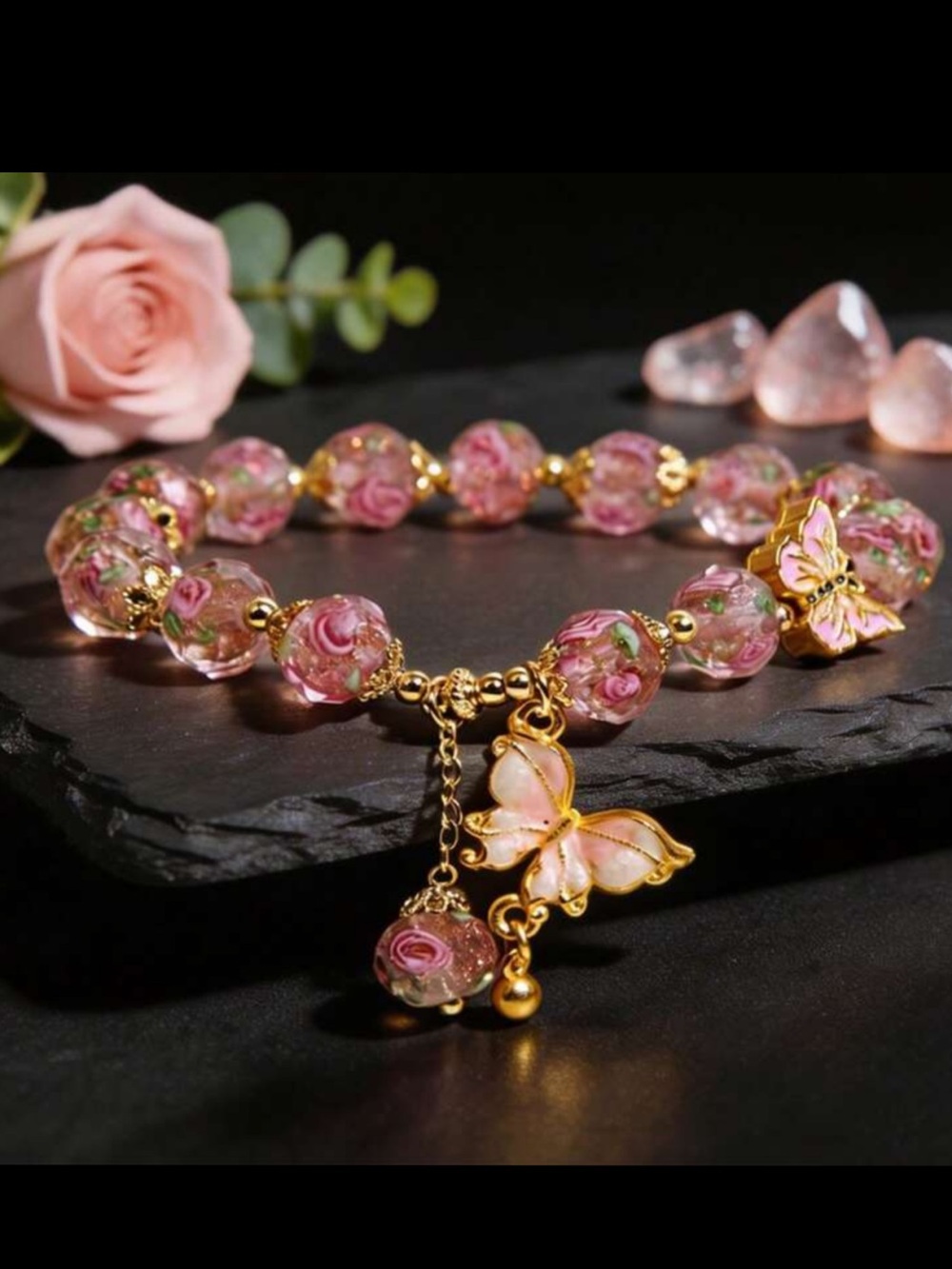 🆕New Boho Pink Rose Glass Bracelet With Butterfly Charm